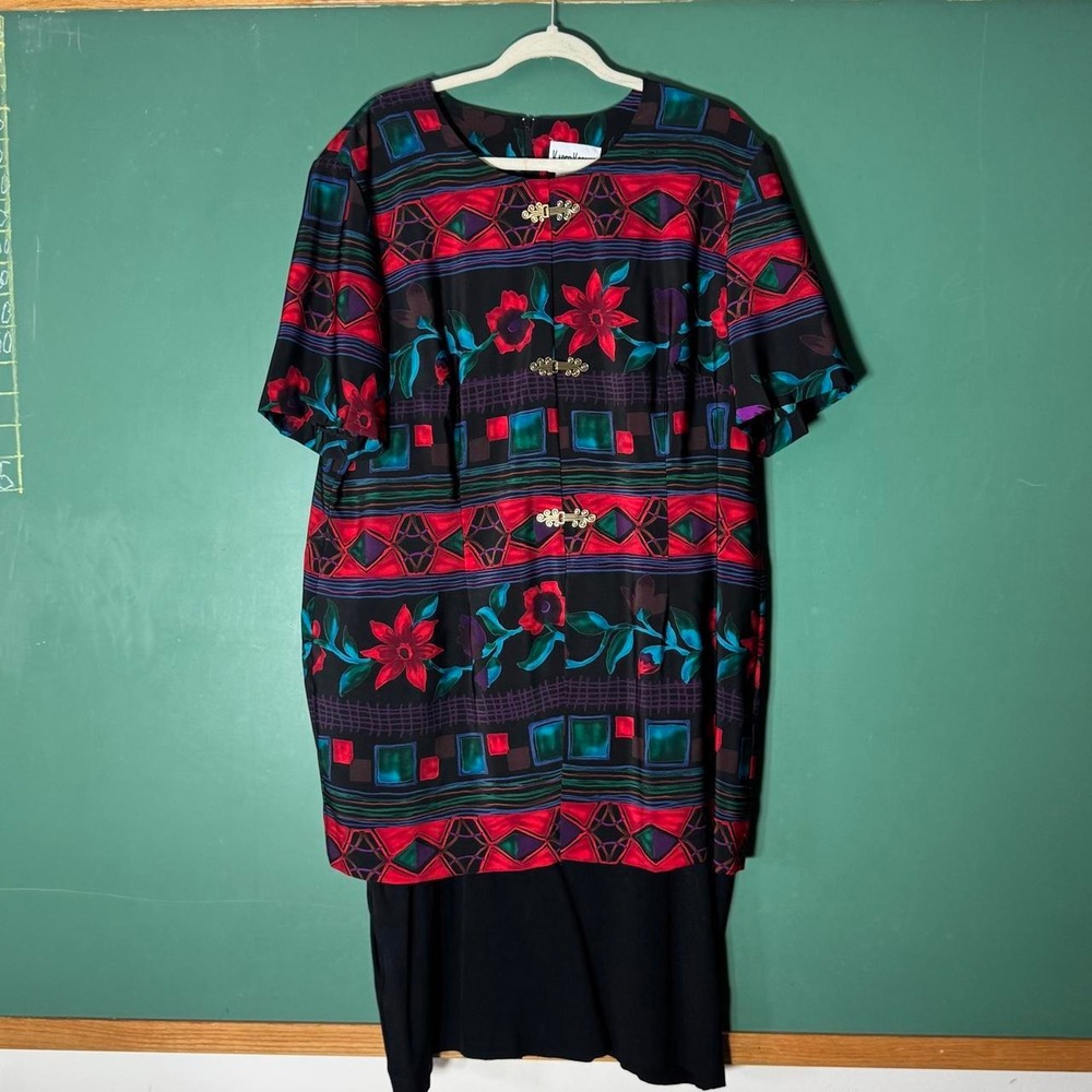 Vintage Kari's Korner 80s Plus Size Mod Geometric Floral Dress 18 Red Multi - Picture 3 of 6